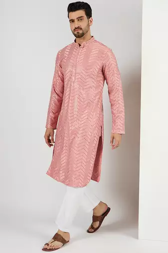 Men peach viscose rayon solid embroidered straight kurta with trousers