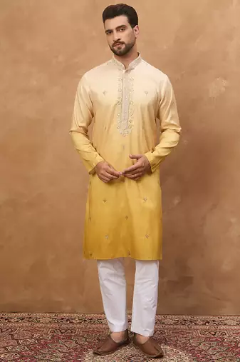 Men yellow silk blend solid embroidered straight kurta with pant set