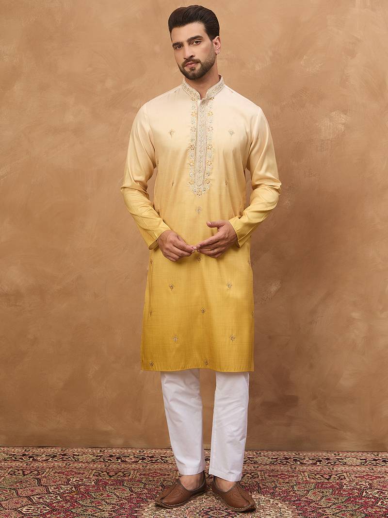 Men yellow silk blend solid embroidered straight kurta with pant set