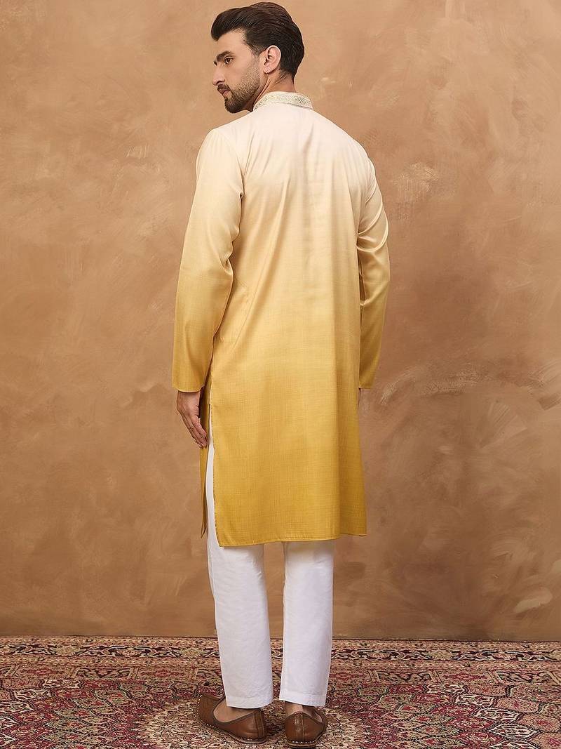 Men yellow silk blend solid embroidered straight kurta with pant set
