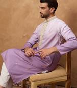 Men purple silk blend solid embroidered straight kurta with pant set