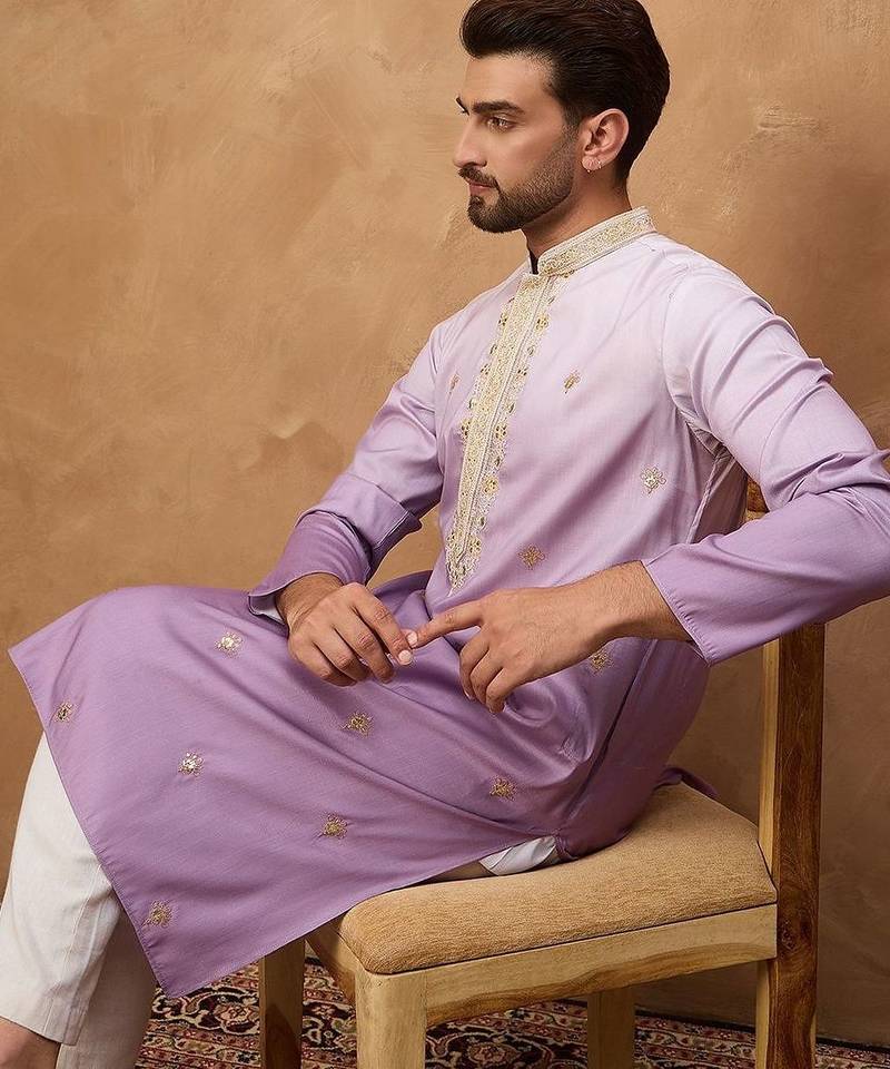 Men purple silk blend solid embroidered straight kurta with pant set