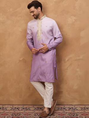 Men purple silk blend solid embroidered straight kurta with pant set 2