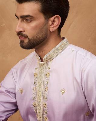 Men purple silk blend solid embroidered straight kurta with pant set 3
