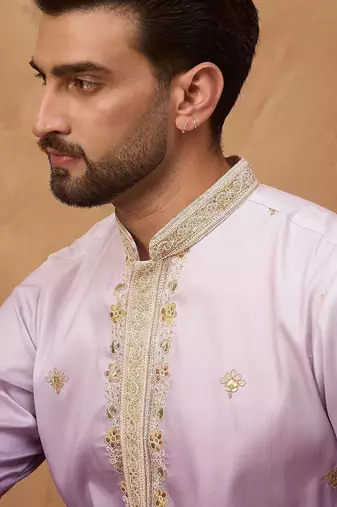Men purple silk blend solid embroidered straight kurta with pant set