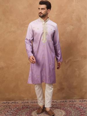 Men purple silk blend solid embroidered straight kurta with pant set 4