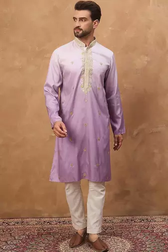 Men purple silk blend solid embroidered straight kurta with pant set