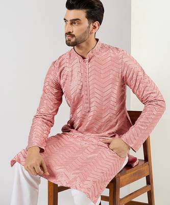 Men peach viscose rayon solid embroidered straight kurta with trousers 5