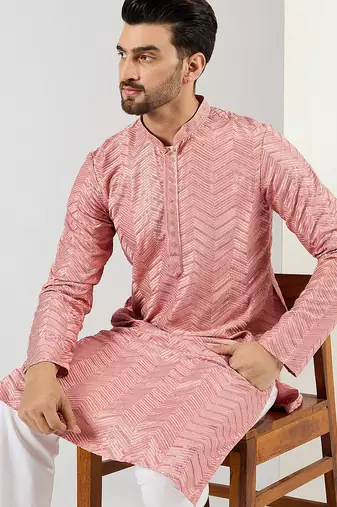 Men peach viscose rayon solid embroidered straight kurta with trousers