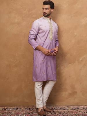 Men purple silk blend solid embroidered straight kurta with pant set 5