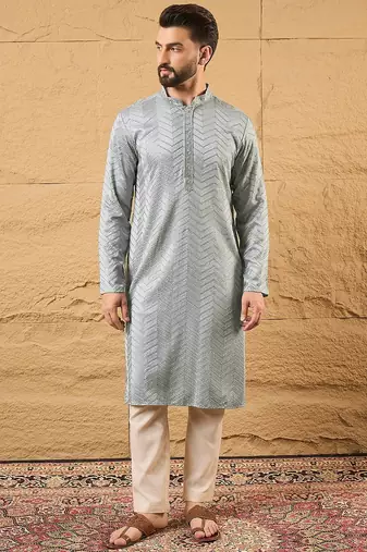 Men grey viscose rayon solid embroidered straight kurta with trouser