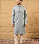 Men grey viscose rayon solid embroidered straight kurta with trouser