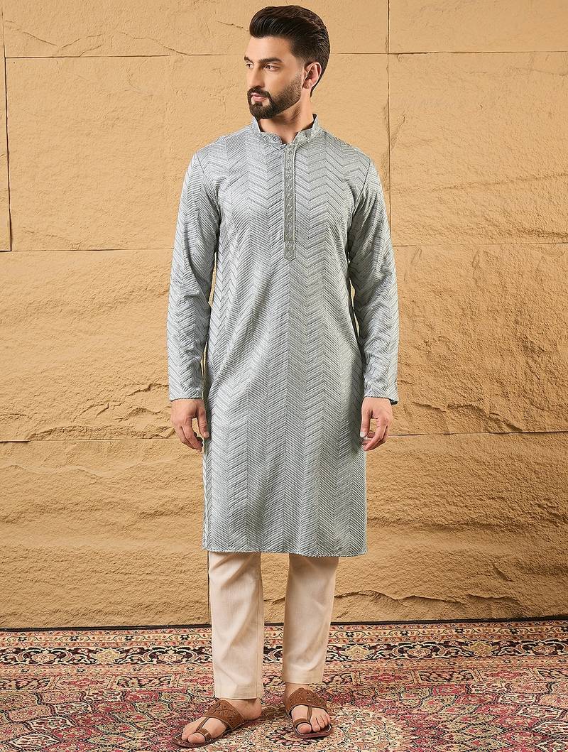 Men grey viscose rayon solid embroidered straight kurta with trouser