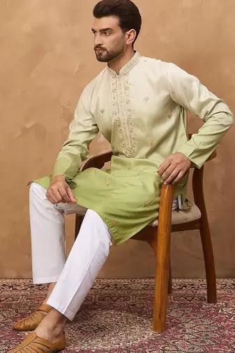 Men green silk blend solid embroidered straight kurta with pant set