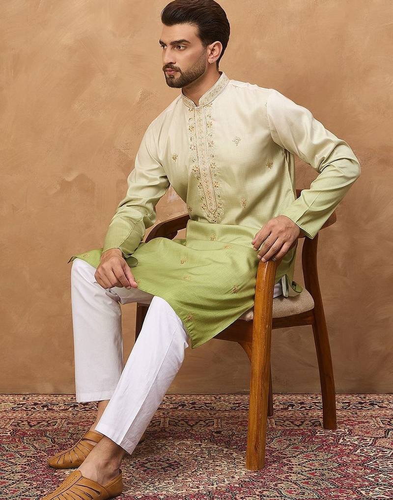 Men green silk blend solid embroidered straight kurta with pant set
