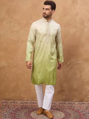 Men green silk blend solid embroidered straight kurta with pant set 2