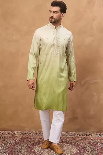 Men green silk blend solid embroidered straight kurta with pant set