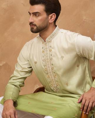 Men green silk blend solid embroidered straight kurta with pant set 3