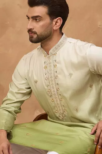 Men green silk blend solid embroidered straight kurta with pant set
