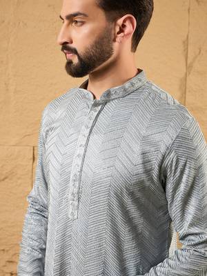 Men grey viscose rayon solid embroidered straight kurta with trouser 2