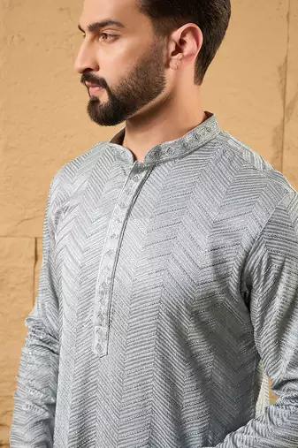 Men grey viscose rayon solid embroidered straight kurta with trouser