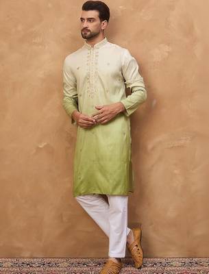 Men green silk blend solid embroidered straight kurta with pant set 4