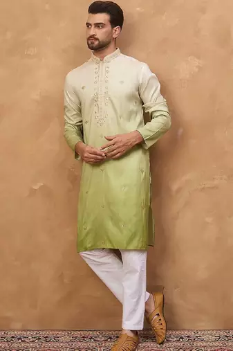 Men green silk blend solid embroidered straight kurta with pant set