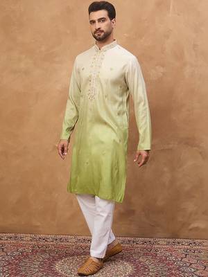 Men green silk blend solid embroidered straight kurta with pant set 5