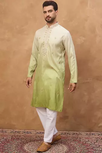 Men green silk blend solid embroidered straight kurta with pant set