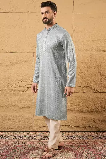 Men grey viscose rayon solid embroidered straight kurta with trouser
