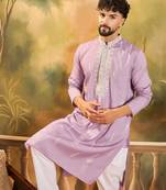 Men lavender silk blend solid embroidered straight kurta with trouser