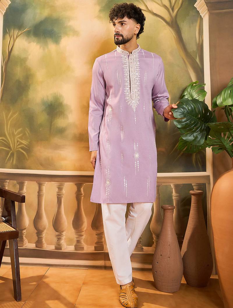 Men lavender silk blend solid embroidered straight kurta with trouser