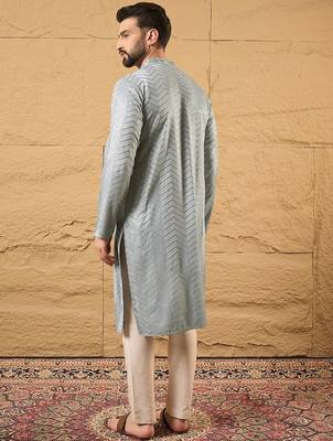 Men grey viscose rayon solid embroidered straight kurta with trouser 4