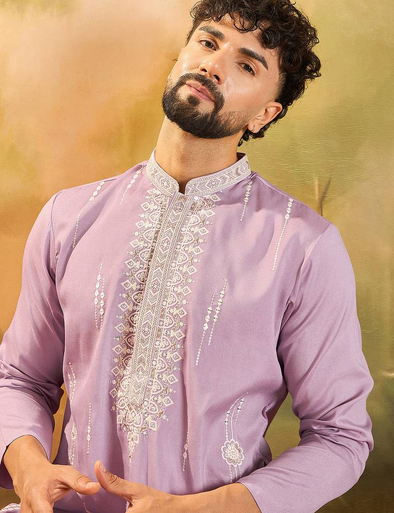 Men lavender silk blend solid embroidered straight kurta with trouser