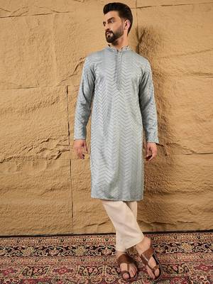 Men grey viscose rayon solid embroidered straight kurta with trouser 5