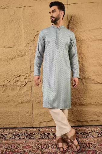 Men grey viscose rayon solid embroidered straight kurta with trouser