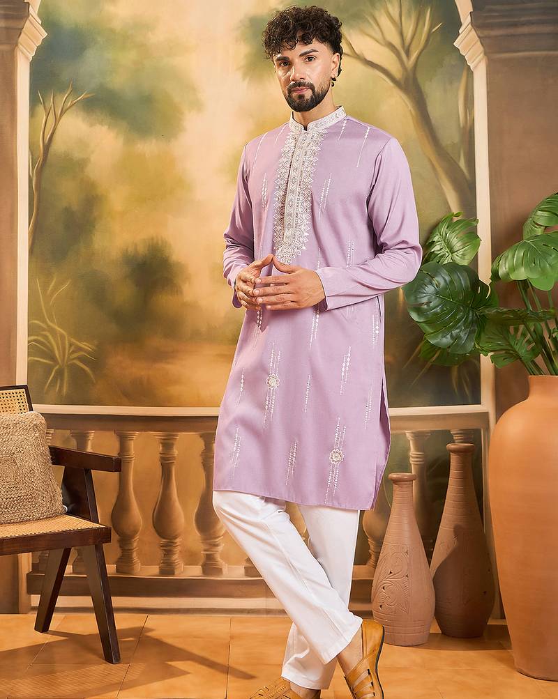 Men lavender silk blend solid embroidered straight kurta with trouser
