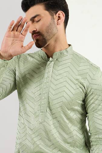 Men green viscose rayon solid embroidered straight kurta with trousers