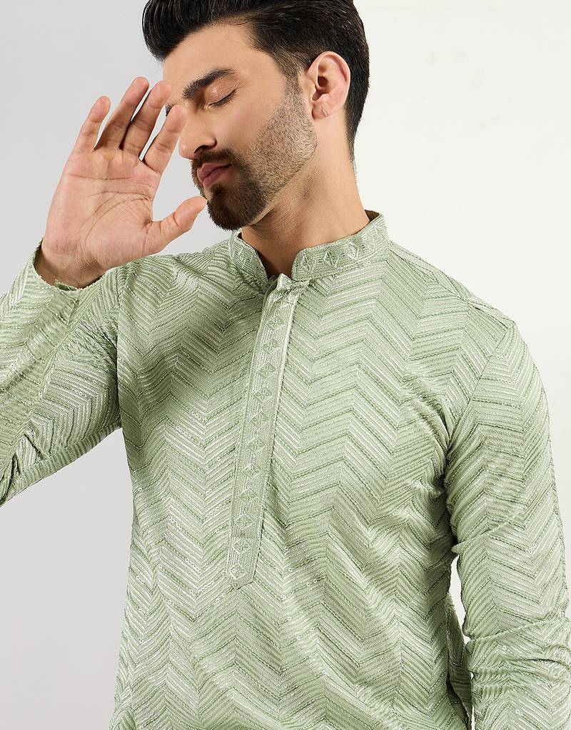 Men green viscose rayon solid embroidered straight kurta with trousers