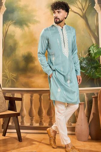 Men blue silk blend solid embroidered straight kurta with trouser