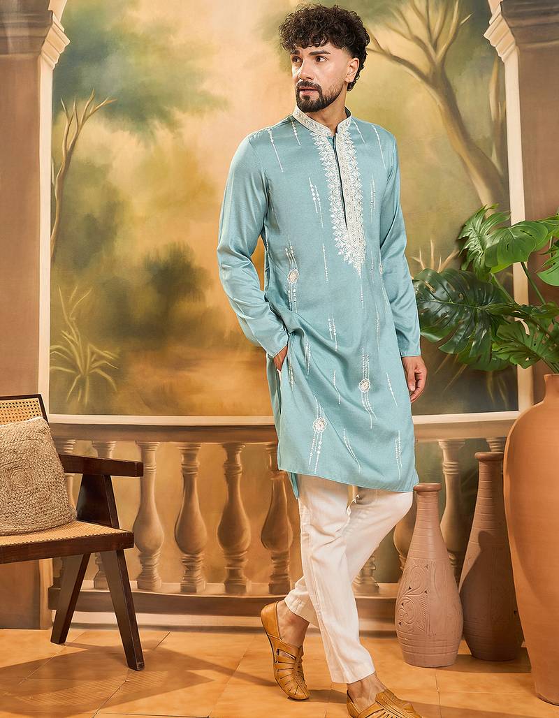 Men blue silk blend solid embroidered straight kurta with trouser