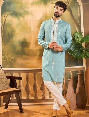 Men blue silk blend solid embroidered straight kurta with trouser 2