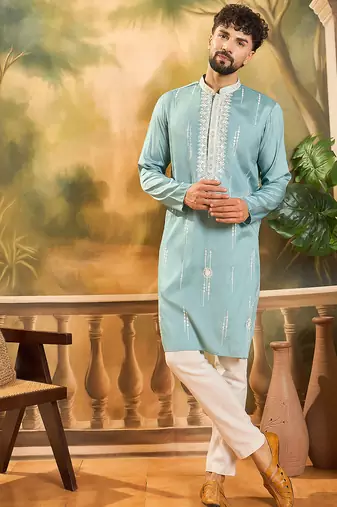 Men blue silk blend solid embroidered straight kurta with trouser