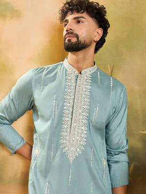 Men blue silk blend solid embroidered straight kurta with trouser 3