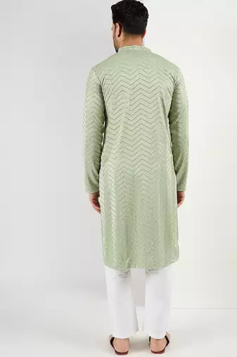 Men green viscose rayon solid embroidered straight kurta with trousers
