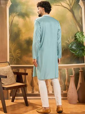 Men blue silk blend solid embroidered straight kurta with trouser 4