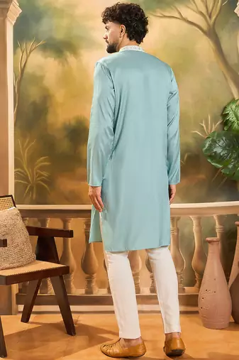 Men blue silk blend solid embroidered straight kurta with trouser