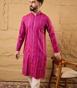 Men pink pure cotton solid embroidered straight kurta with trousers
