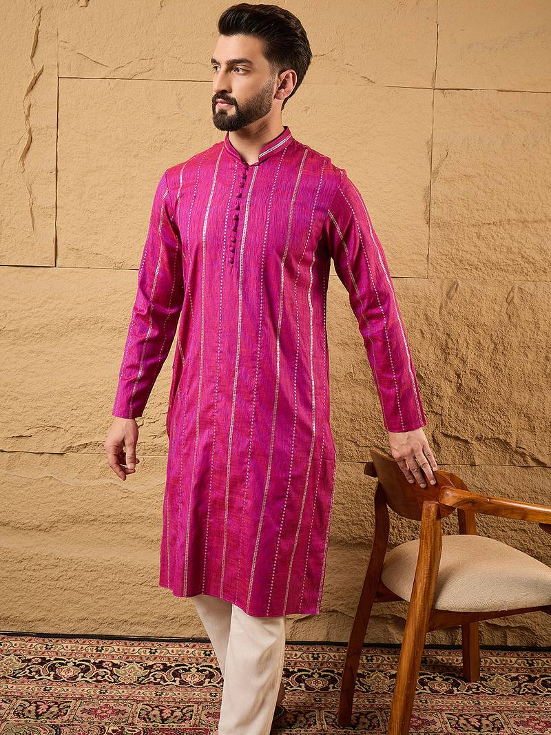 Men pink pure cotton solid embroidered straight kurta with trousers