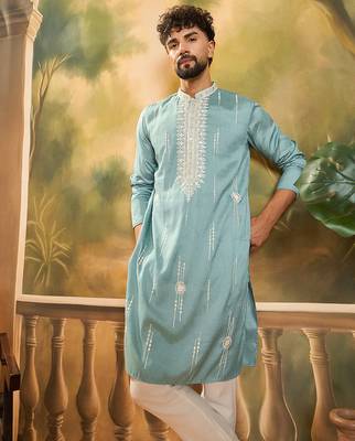 Men blue silk blend solid embroidered straight kurta with trouser 5